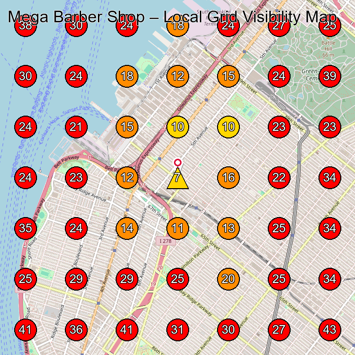 Mega Barber Shop GeoGrid visibility map for Electric Bicycle Store in Brooklyn